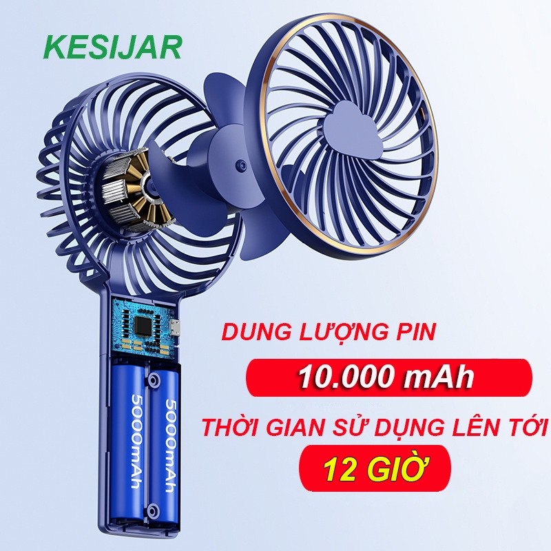 Quạt cầm tay mini kẹp bàn KESIJAR K5 sạc pin tích điện 10.00mAh, sử dụng liên tục 12 giờ, cổng sạc USB 5V/1A, 5 mức gió