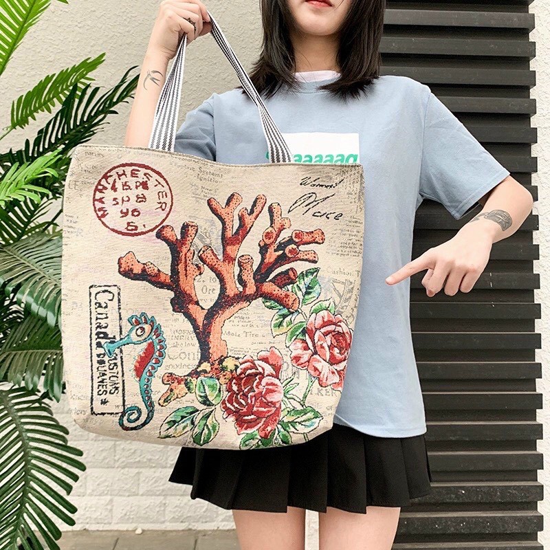 [ VẢI DÀY ĐẸP-TÚI QUẢNG CHÂU] Túi tote vải in hình dễ thương chất liệu cói vải canvas cao cấp HOT 2021