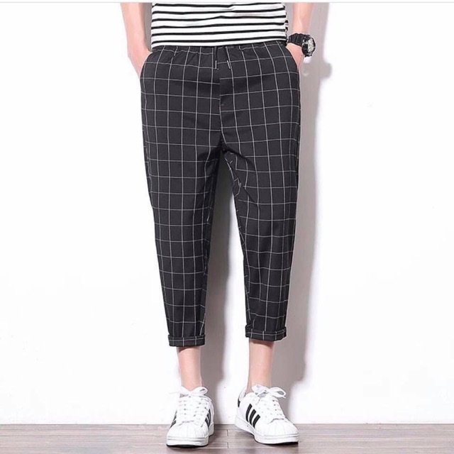 QUẦN LƯNG THUN ĐEN CARO SỌC TRẮNG UNISEX