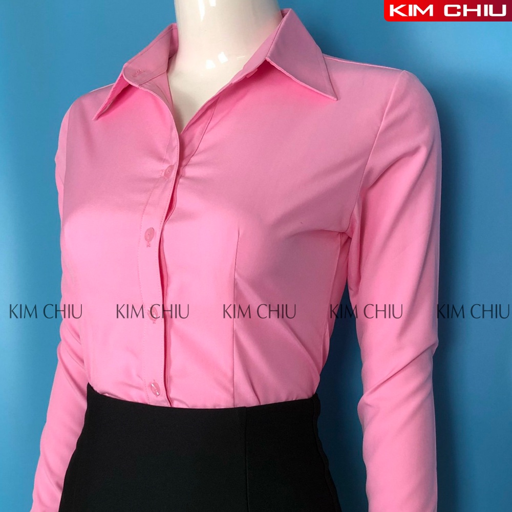Áo Sơ Mi Nữ Công Cở Cao Cấp Kim Chiu, Màu Hồng Tay Dài Vải Kate Ý Đẹp Ít Nhăn Giãn Nhẹ, ĐỔI TRẢ THOẢI MÁI. SMTD01