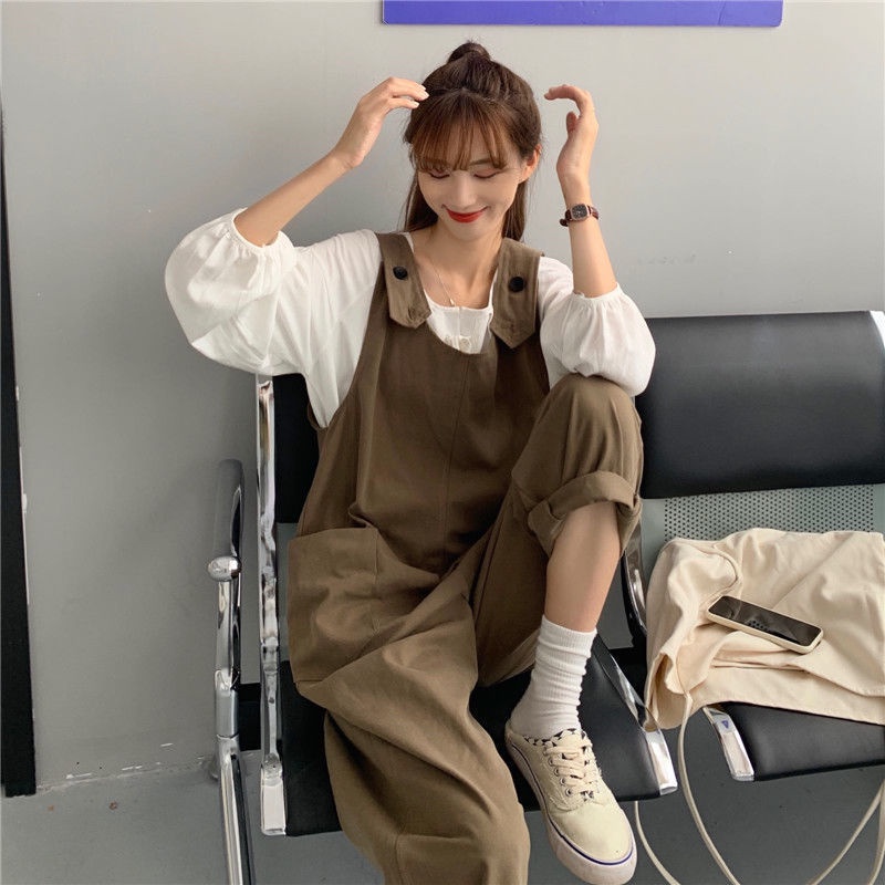 [Hàng Có Sẵn Bán Chạy]~2022 Quần Yếm Ống Rộng Mùa Xuân Thu Phong Cách Hàn Quốc Giản Dị Dành Cho Nữ Sinh