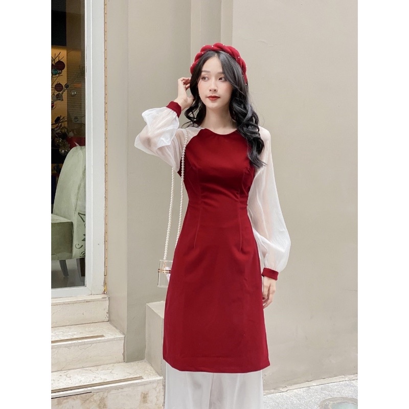 Áo Dài Cách Tân Nhung Đỏ Phối Tay Voan Trắng_Áo Dài May Sẵn Nhã Phương