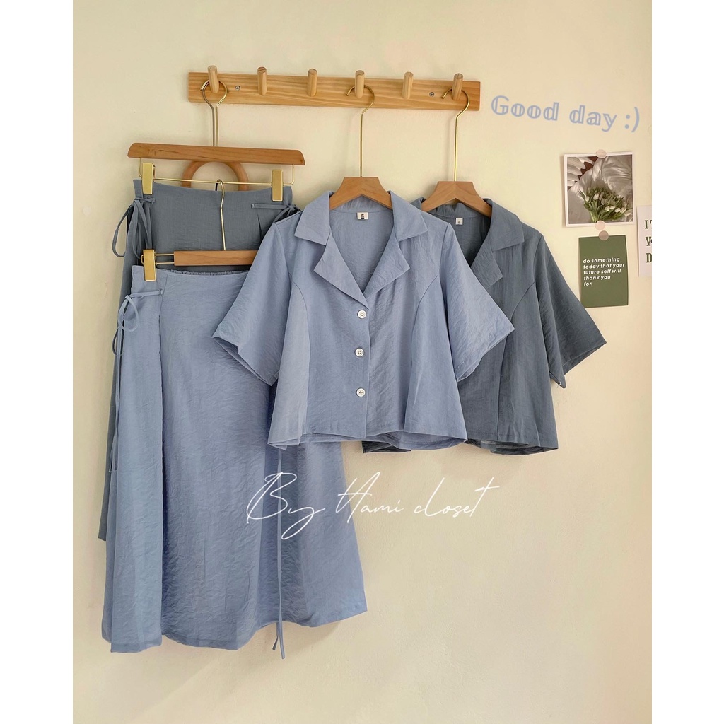Set áo sơ mi cổ vest kèm chân váy buộc dây eo mã HDhami0501