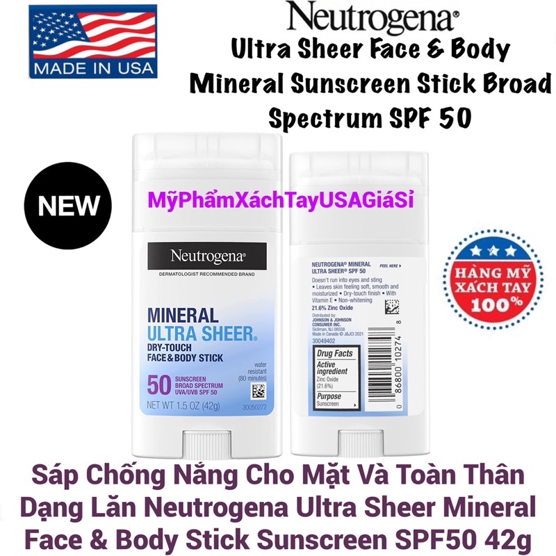 Sáp Chống Nắng Cho Mặt Và Toàn Thân Dạng Lăn Neutrogena Ultra Sheer Mineral Face & Body Stick Sunscreen SPF50 42g