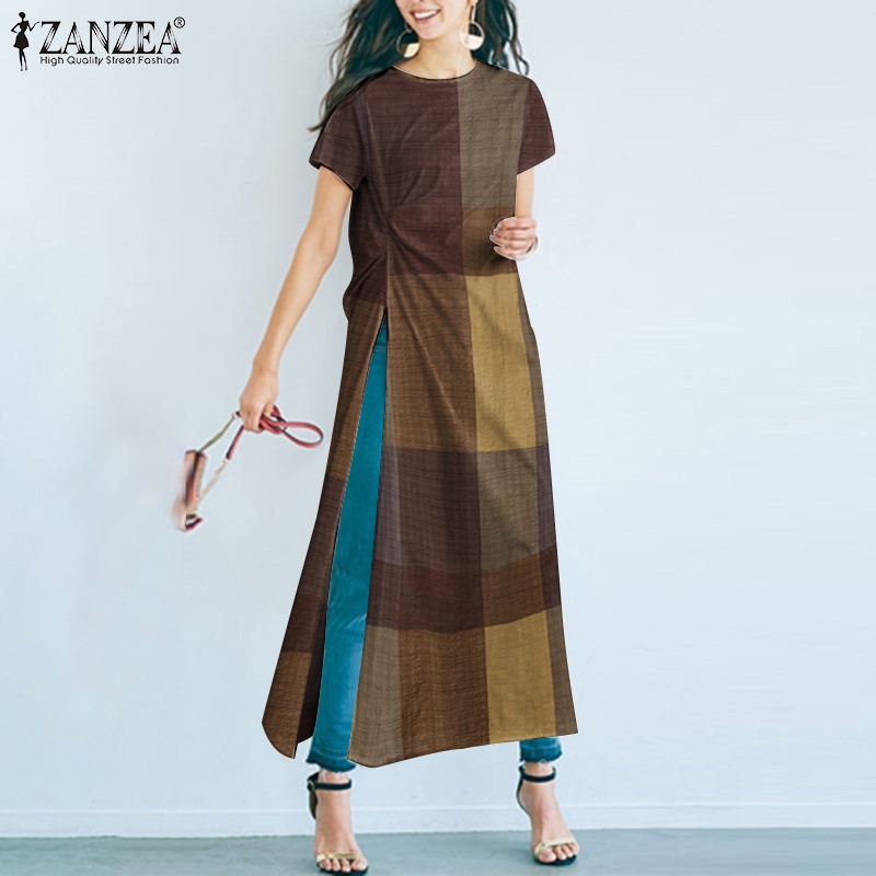 Áo kiểu Zanzea tay ngắn cổ tròn họa tiết kẻ caro phong cách retro thời trang cho nữ