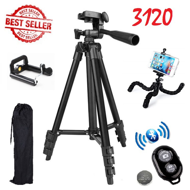 Combo 5 món Tripod TF 3120 THẾ HỆ MỚI + Gá kẹp 001 + REMOTE Bluetooth + Chân đế bạch tuột + Túi đựng Tripod