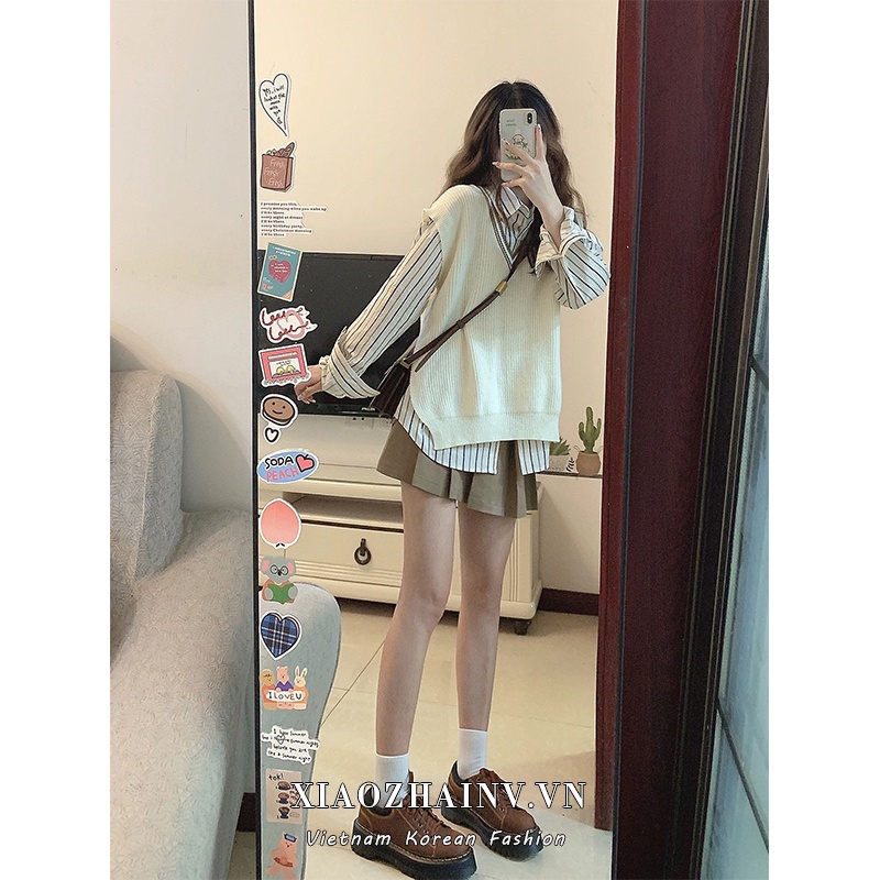Áo sơ mi tay dài kẻ sọc / áo khoác ngoài/ chân váy chữ A xếp ly lưng cao XIAOZHAINV thời trang cho nữ