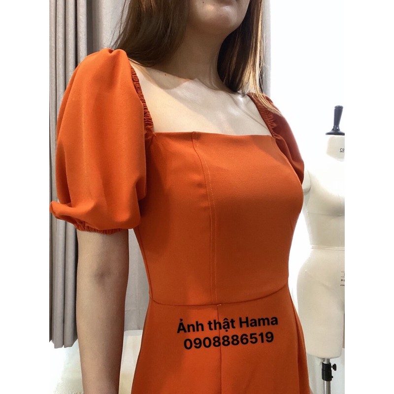 ẢNH THẬT- Đầm cổ vuông tay bồng CAM -ĐEN tay bồng nhiều màu