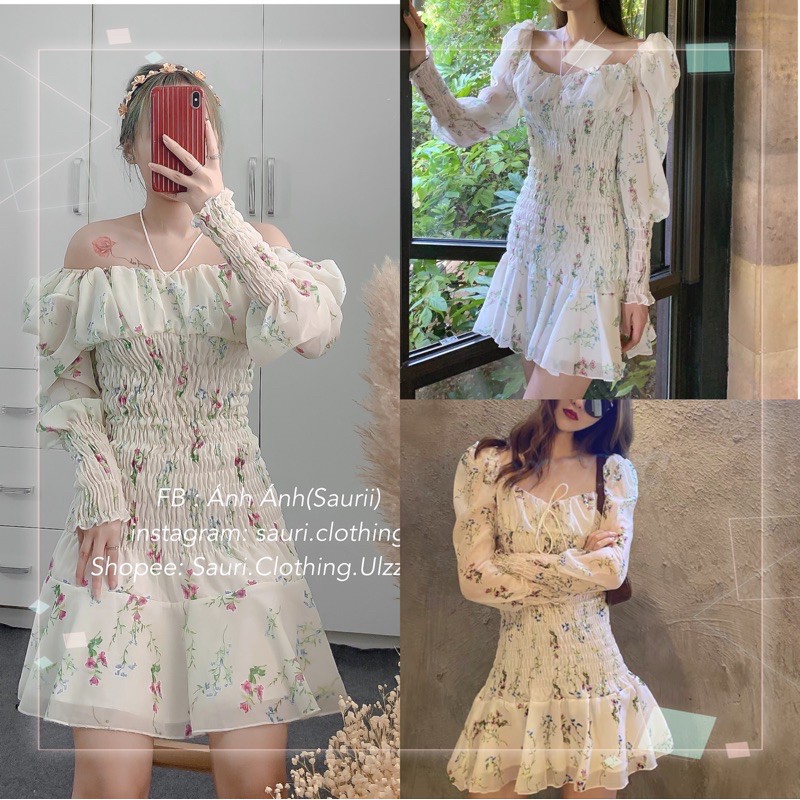 SẴN🖤Váy bánh bèo ulzzang tiểu thư trễ vai chân xoè đuôi cá Hoạ Tiết hoa nhí ôm body bo chun đi tiệc sang chảnh