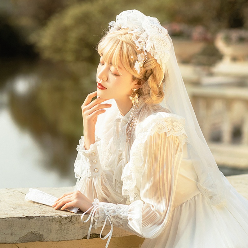 Mạng Che Mặt Một Lớp Màu Trắng Đen Phong Cách Lolita Cho Cô Dâu