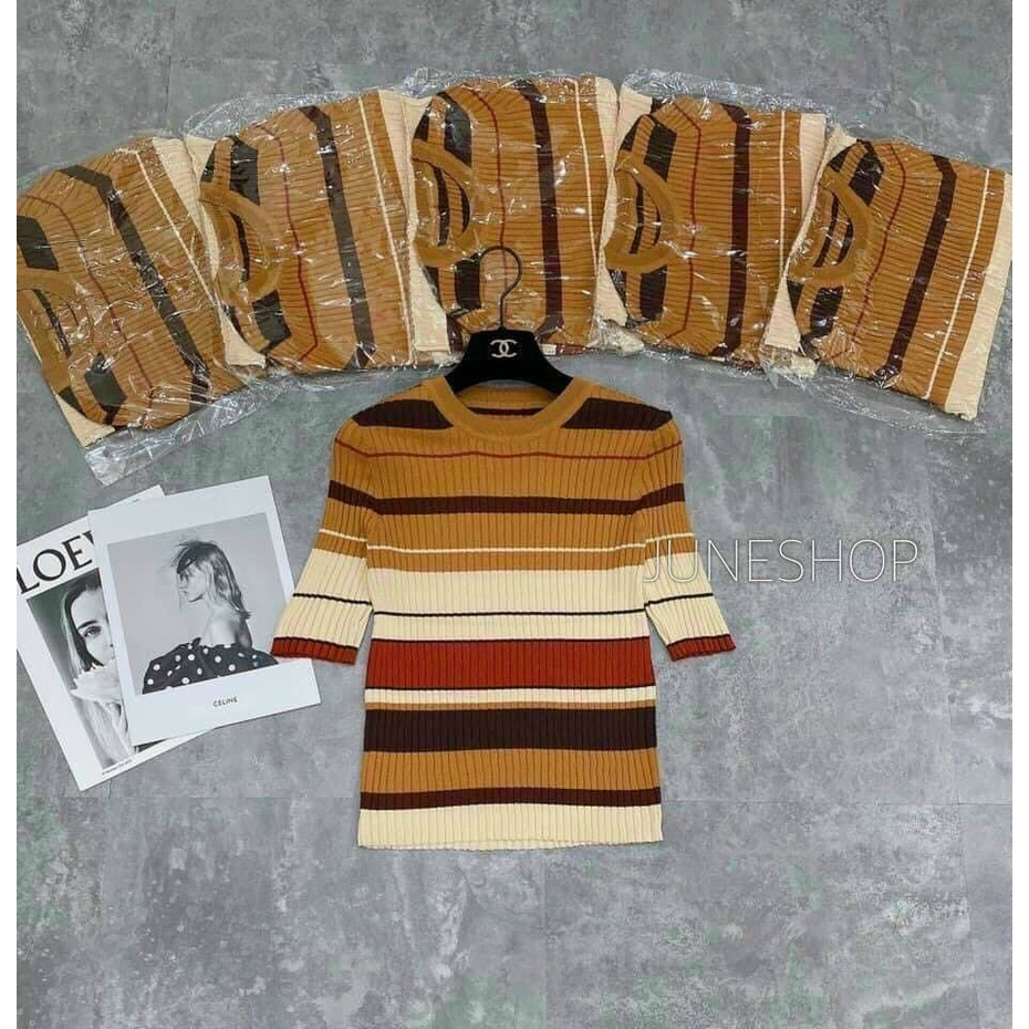 Áo len kẻ cổ tròn cộc tay