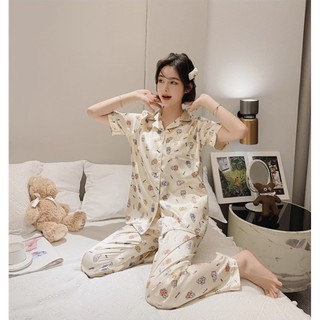 Đồ bộ Pyjama lụa Latin, đồ bộ Pijama lụa Latin nữ quần dài (Gấu nhí)