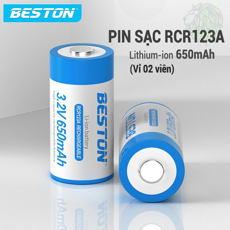 Vỉ 02 Pin Sạc RCR123A (16340) Beston 650mAh dùng cho máy ảnh, máy đo khoảng cách, gậy chơi gold, ống nhòm