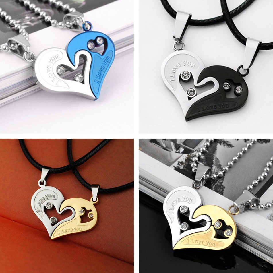 Set 2 vòng cổ xương đòn RINHOO FRIENDSHIP hạt kim cương rỗng khắc chữ I Love you cho cặp đôi