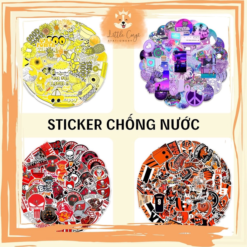 Set 20 sticker hình dán theo màu cam, vàng, xanh đỏ chống nước dán sổ tay, mũ bảo hiểm, xe máy, bình nước vali ván trượt