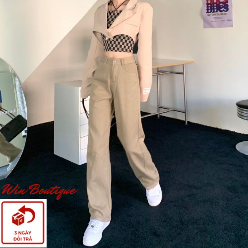 Quần jean nữ ống suông rộng màu be màu xanh màu đen trơn cơ bản cạp lưng cao hot 2022 Win Boutique