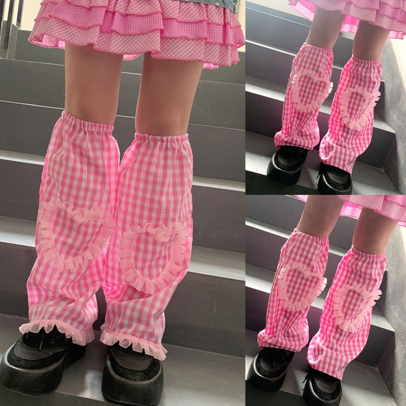 Xiangbao Vỏ Bọc Đầu Gối Dáng Rộng Phối Ren Mỏng Giữ Ấm Chân Họa Tiết Trái Tim Màu Hồng Kẻ Sọc Phong Cách Gothic Harajuku Ngọ