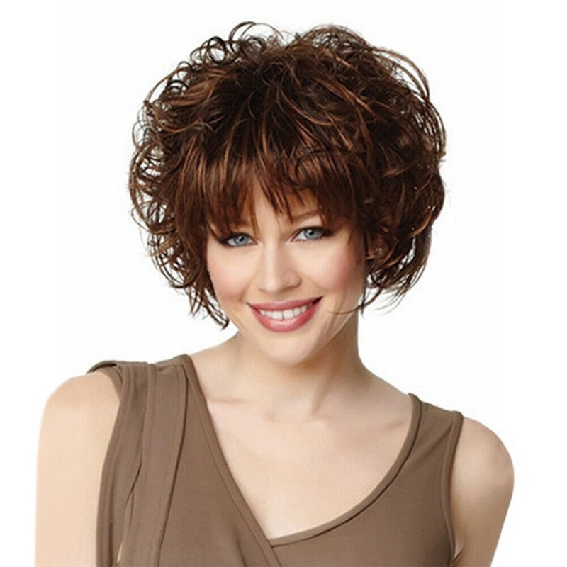 Fashion Women Lady Short Curly Wig Brown Wavy Hair Natural Neat Bang w/ Rose Net ☆MeetSellMall