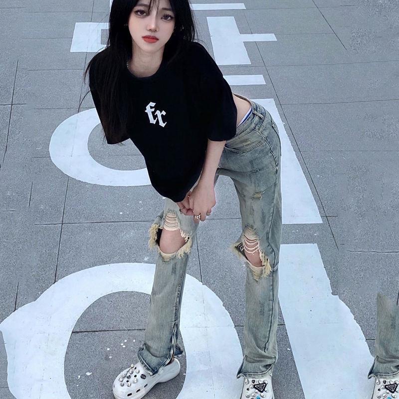 Quần jean nữ dáng dài phối rách gối thời trang cá tính