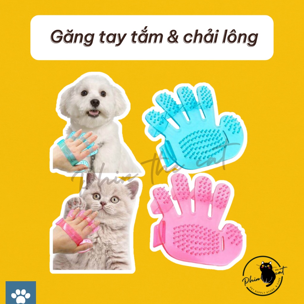 Găng tay tắm &amp; chải lông chó mèo bằng nhựa, có hạt massage | phinthecat