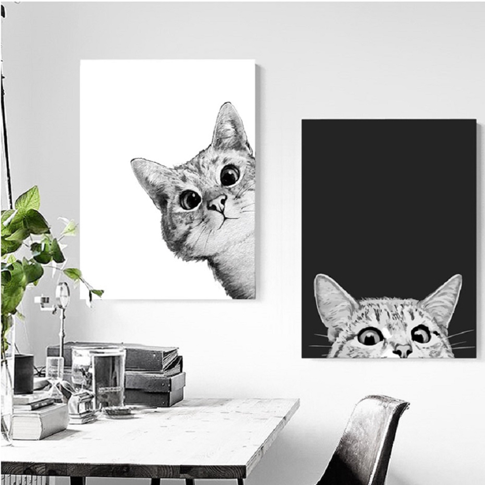 Tranh Canvas Treo Tường Trang Trí Hình Mèo Trắng Đen Đáng Yêu