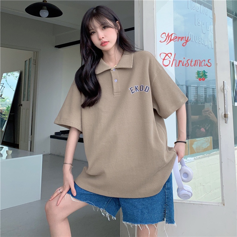 Áo polo SUXI tay ngắn dáng rộng màu trơn thêu chữ thời trang cho nữ