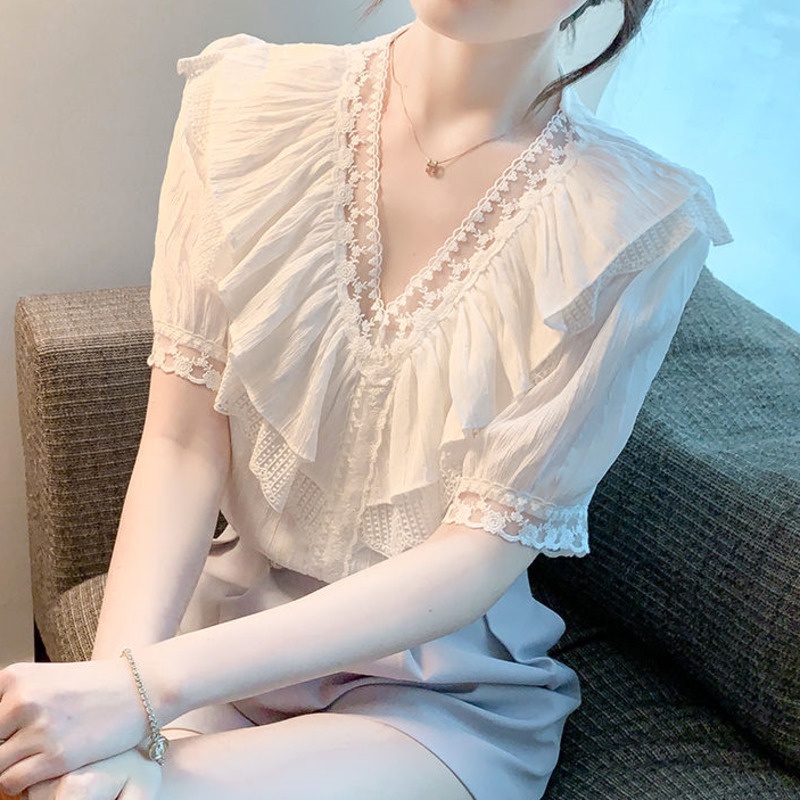 Áo Sơ Mi Ngắn Tay Cổ Chữ v Phối Ren Xinh Xắn Thời Trang 164158 Áo Sơ Mi Phối Bèo Dáng Ôm Phong Cách Hàn Quốc Dễ Phối Đồ Thời Trang