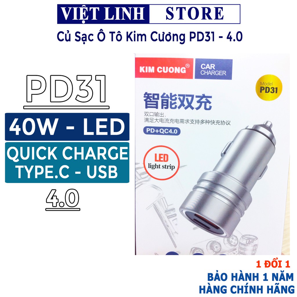 Tẩu sạc nhanh xe hơi ô tô ,củ sạc xe hơi kim cương đầu type-C USB - PD31 quick charge 4.0 kèm LED - Việt Linh Store