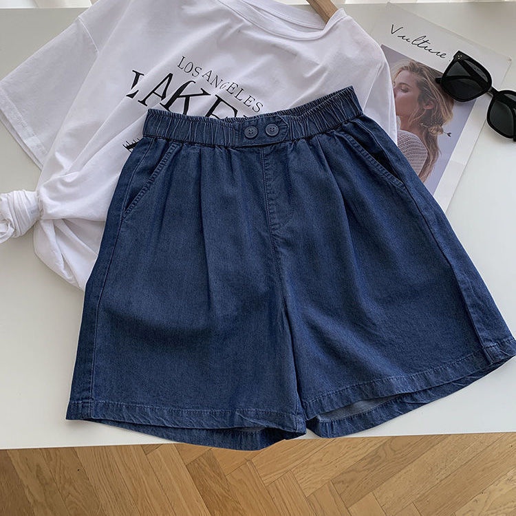 Quần short denim lưng cao ống rộng mềm mại thời trang cho nữ