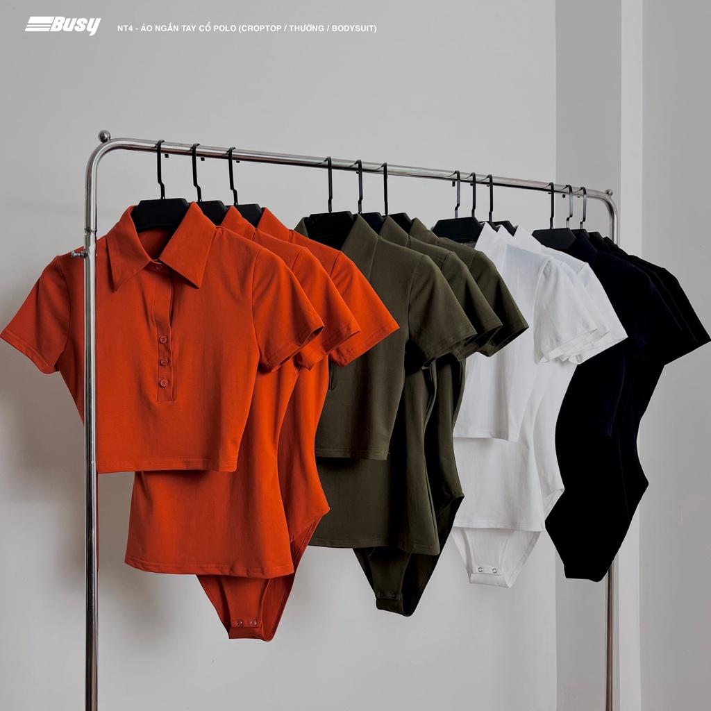Áo Ngắn Tay Cổ Đức Nữ Busy Dáng Thường Thun Cotton Co Giãn Ôm Sát NT4T