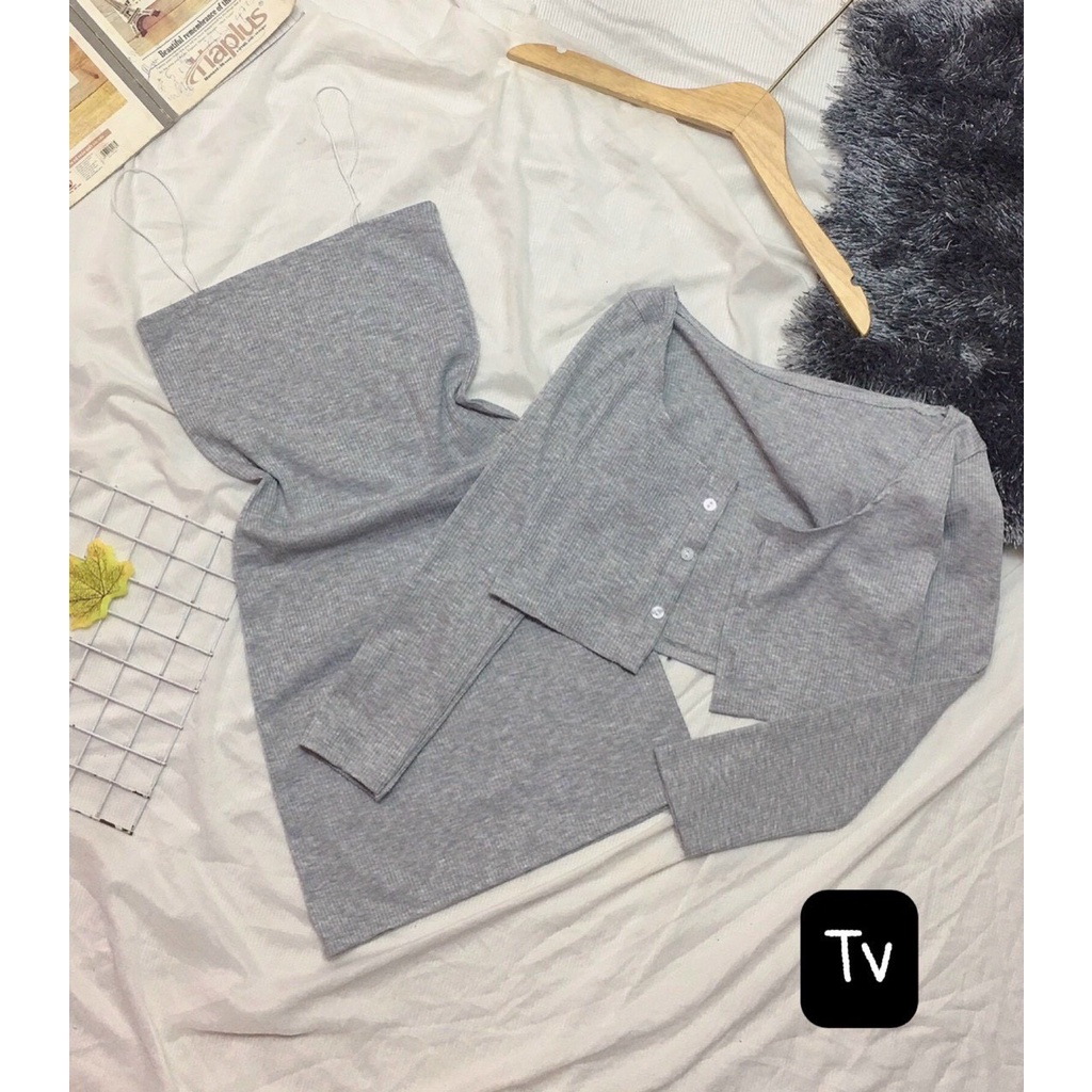 set đầm xinh áo khoác nhẹ dễ thương chất thun gân