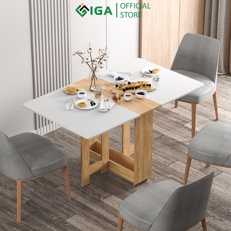 Bàn Ăn Thông Minh Có Bánh Xe , Bàn Ăn Gấp Gọn GP97.41 Trắng - Vân Gỗ