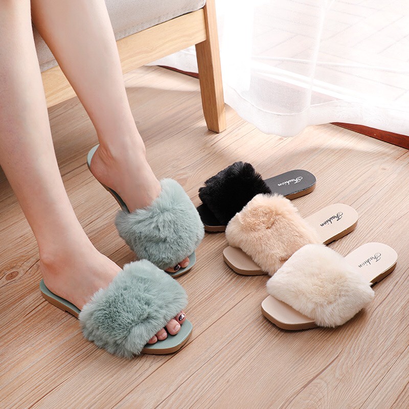 2N01 Dép lông - đế đồng màu cao su giầy thể thao nữ sneaker bánh bèo in logo Fashion hợp thời trang mùa đông