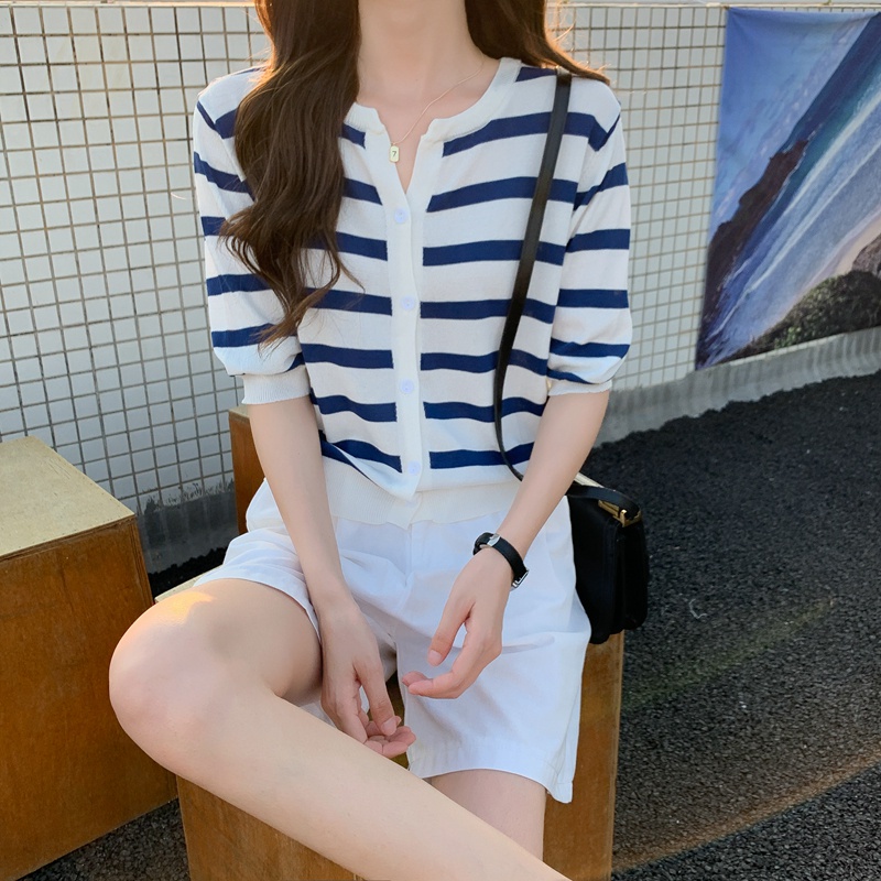 Áo cardigan dệt kim tay ngắn sọc ngang thời trang cho nữ 44876
