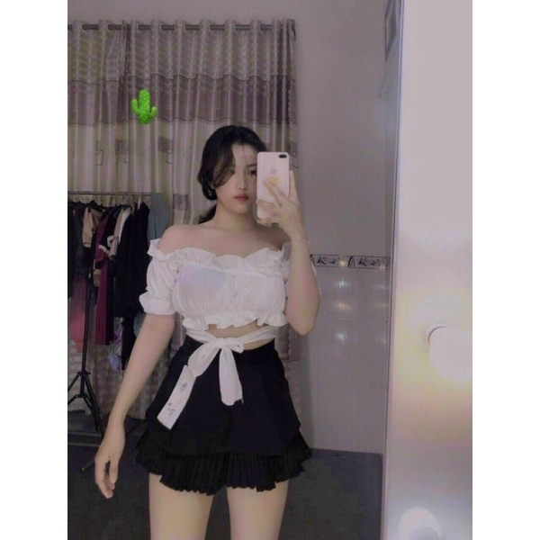 🅰️ Áo nhúng bèo, tay phồng chéo ngực kiểu cột nơ cổ chữ V và ko nơ nhấn cổ ren, tay ngắn.