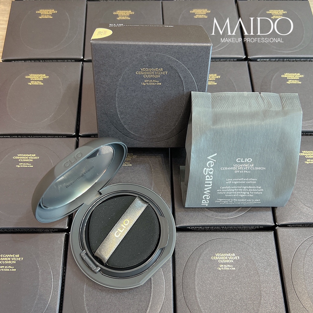 Phấn Nước Clio Veganwear Ceramide Velvet Cushion SPF45 PA++ lì, mịn, mỏng nhẹ vừa phải có độ che phủ cao MAIDO cosmetics