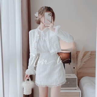 Set váy dạ tweed trắng tiểu thư, áo khoác dạ tweed kèm chân váy dạ chữ a dự tiệc, sét dạ tweed trắng