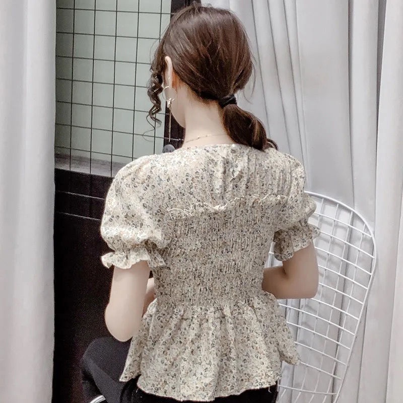 Áo Chiffon Hoa Ngắn Tay Xếp Ly Thời Trang Phương Tây