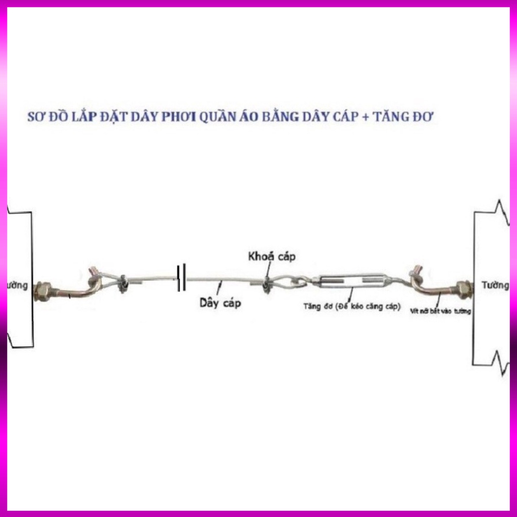 Dây phơi quần áo Phi 5mm, Tặng 2 khóa cáp, 1 tăng đơ, 2 nở móc sắt