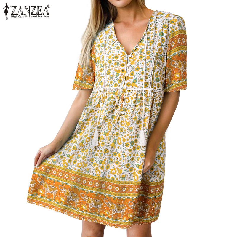 Zanzea Đầm Mini Dáng Chữ A Tay Lửng Cổ Chữ V In Họa Tiết Hoa Retro Thời Trang Đi Biển Cho Nữ