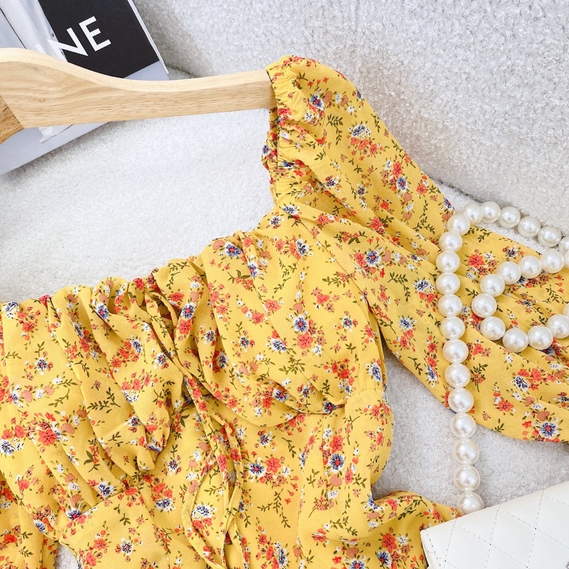 ĐẦM HOA CÚP NGỰC TAY DÀI BO XOÈ