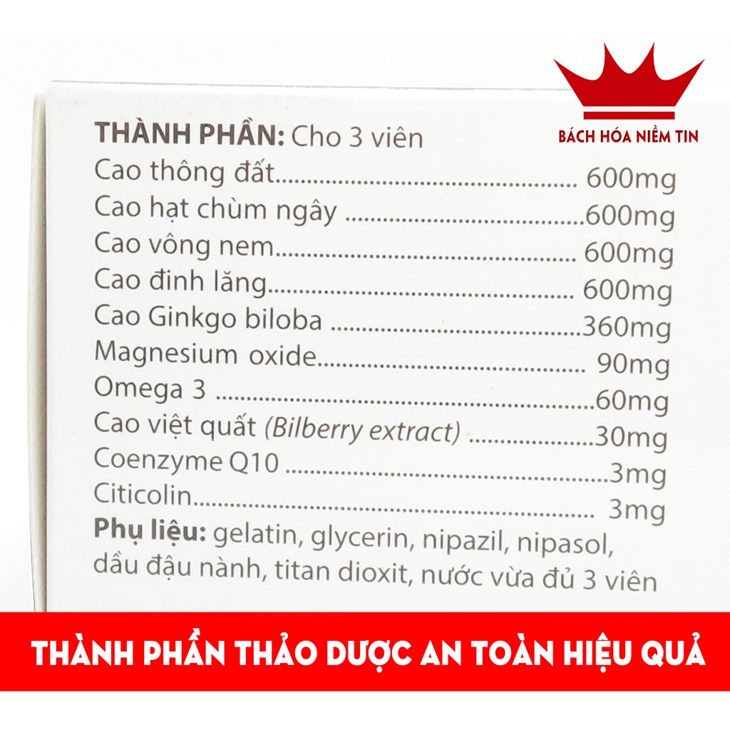 Viên uống An Dưỡng Não Ginkgo Biloba 60- HSD 2023 - Thành phần thảo dược giúp Giảm đau đầu chóng mặt, rối loại tiền đình