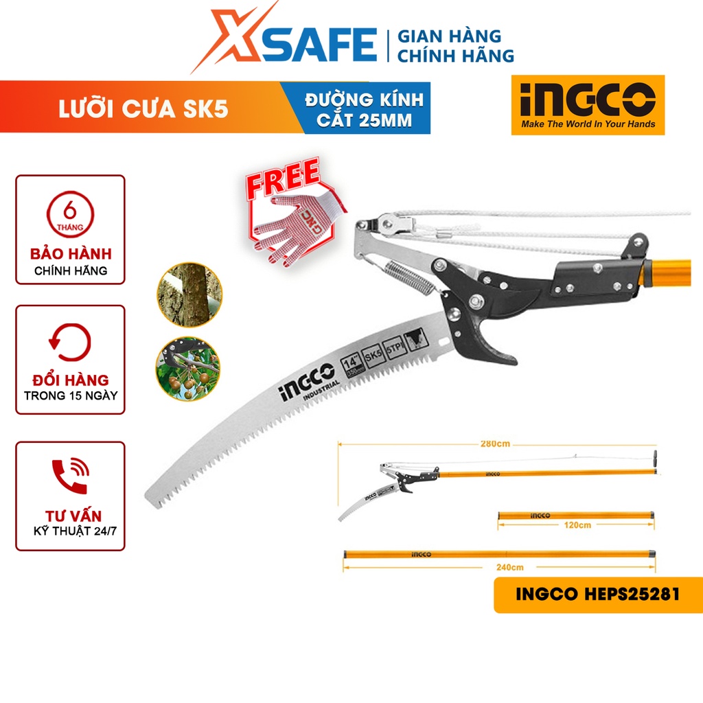 Cưa kéo cắt tỉa cây cảnh trên cao INGCO HEPS25281 2.8m sơn phủ Teflon chống rỉ sét siêu bén, kéo cắt cây kiểng làm vườn