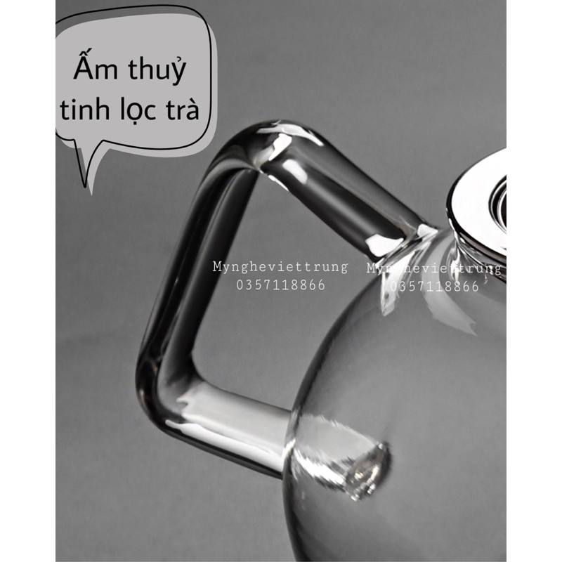 Bình trà thủy tinh dáng tròn nắp và lọc trà inox 800ml