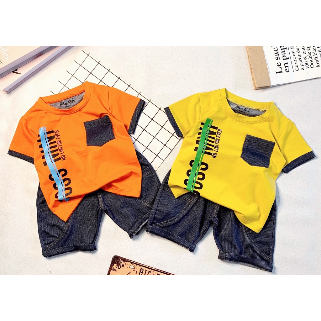 Set Đồ bộ bé trai Áo thun ngắn tay cotton 100% co giản 4 chiều phối túi giả jean Quần thun cotton giả jean từ 8-37kg