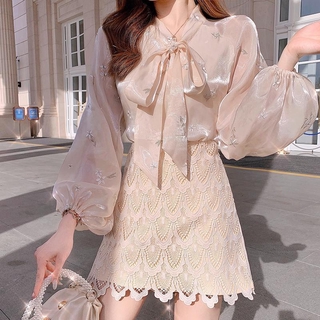Women V-neck Shirt Bow Knot Short Sleeve Top Apricot Skirt Set