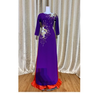 Áo dài tím💥FREESHIP💥Áo dài đính hoa ren đối xứng sang chảnh