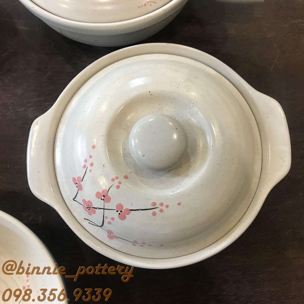 Tô sứ có nắp, âu sứ chưng yến men gấm trắng hoa đào đỏ, hàng xuất Nhật