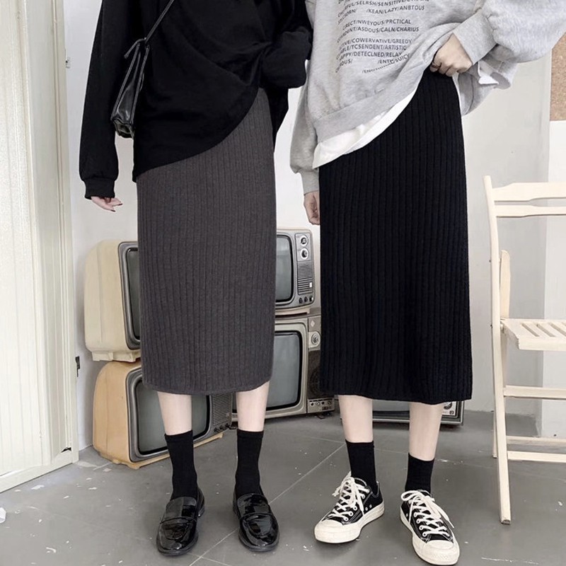 [Ảnh thật] Chân váy len ulzzang xẻ giữa