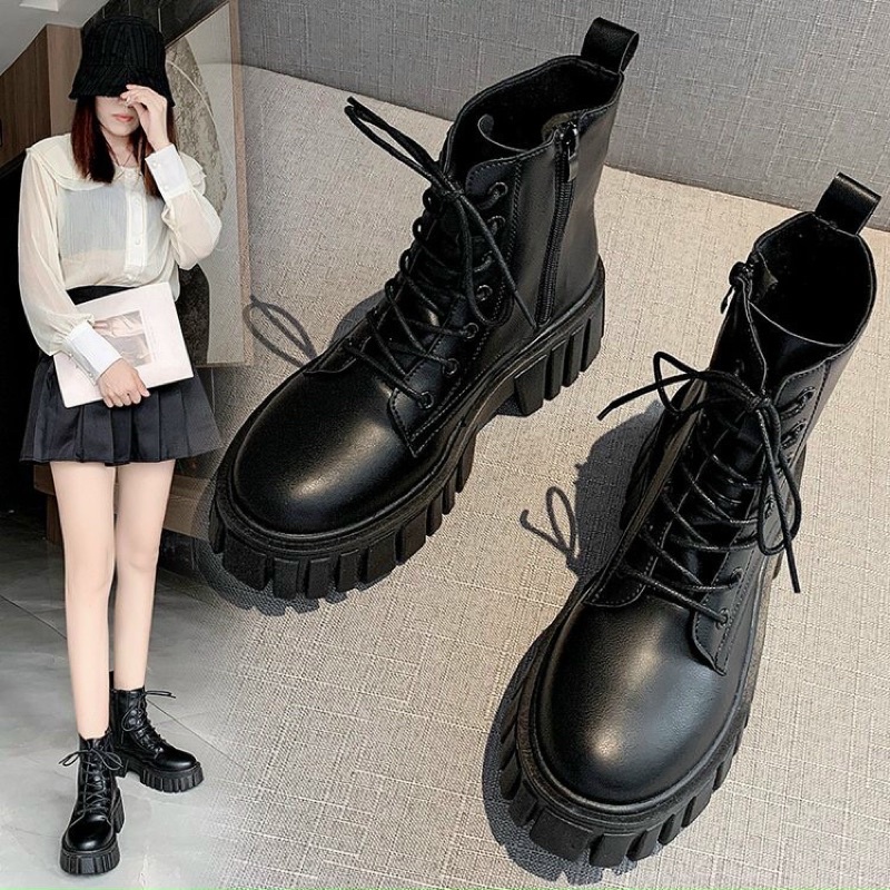[CÓ SẴN] Boot ulzzang cao cổ 10cmcm buộc dây kéo khóa đế cao 5.5cm màu đen/trắng cá tính đẹp mới xinh thời trang